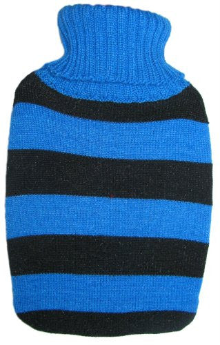 Warm Tradition Black & Blue Stripes Knit Covered Hot Water Bottle - Bottle made in Germany