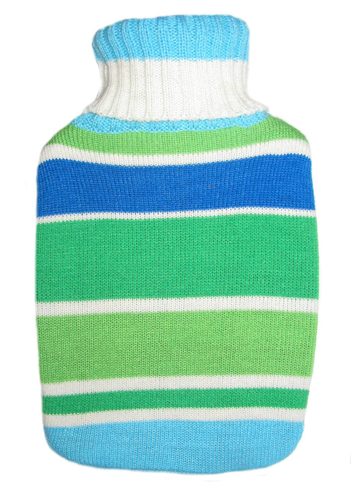 Warm Tradition Green & Blue Stripes Knit Covered Hot Water Bottle - Bottle made in Germany