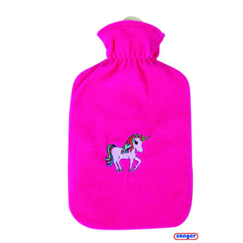 Sanger 2.0 liter hot water bottle with Unicorn design fleece cover-made in Germany