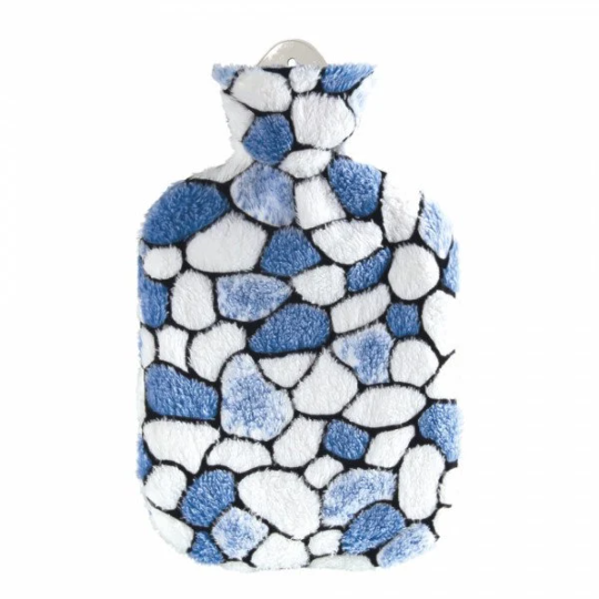Sanger 2.0 liter hot water bottle with stone white/blue plush cover-made in Germany