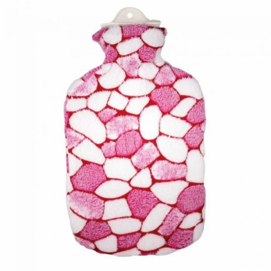 Sanger 2.0 liter hot water bottle with stone mosaic white/pink plush cover-made in Germany